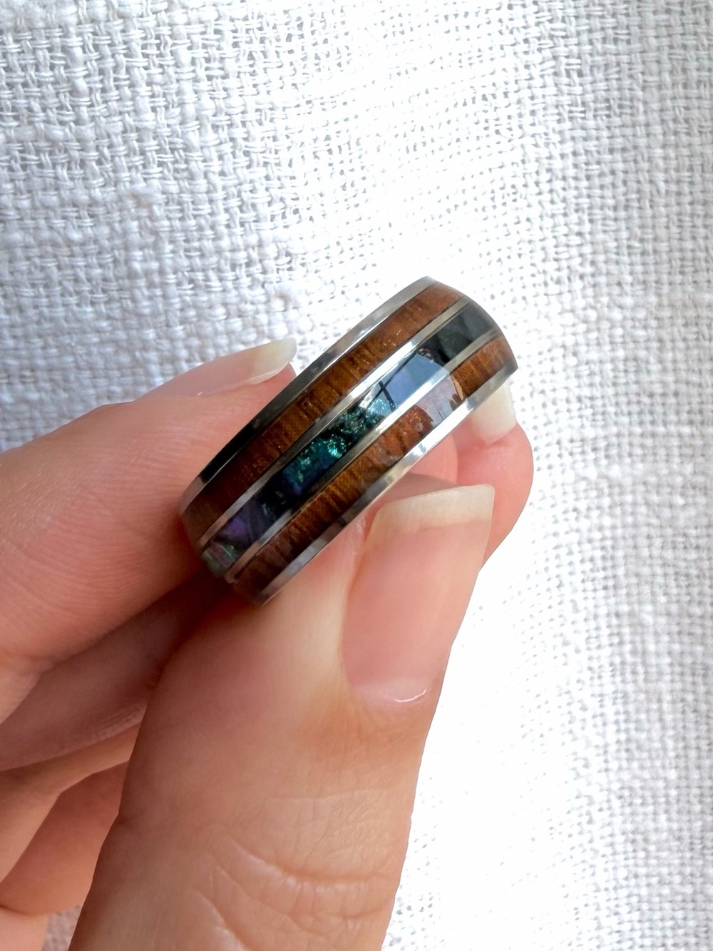 Inlay Wood and Abalone Band Ring - Brown & Iridescent Unisex